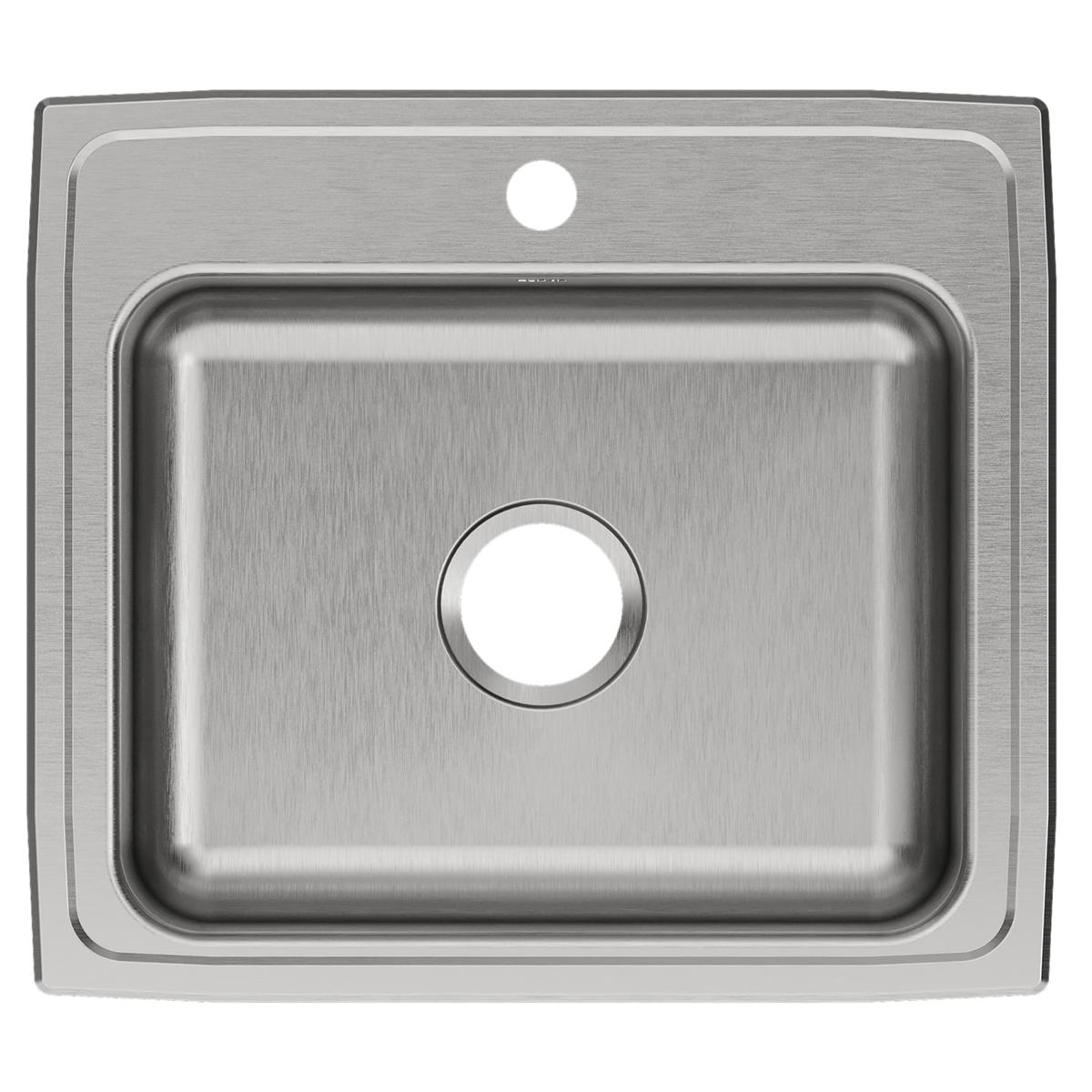 Stainless steel single bowl drop-in sink with one faucet hole and rounded corners, viewed from above.