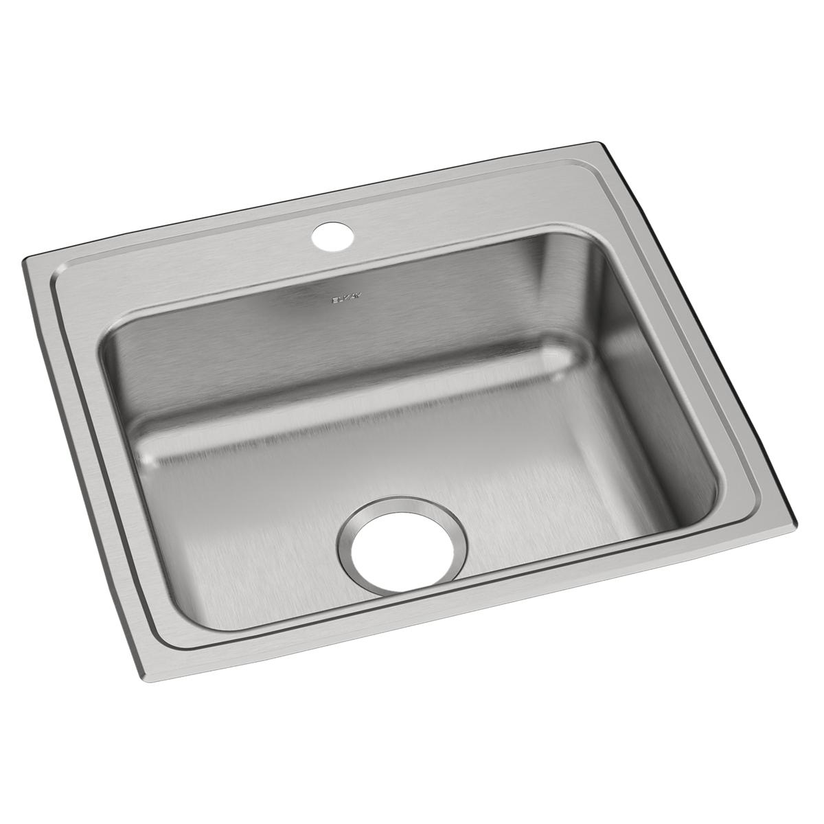 Brushed stainless steel drop-in sink with single bowl and one faucet hole on the rim.