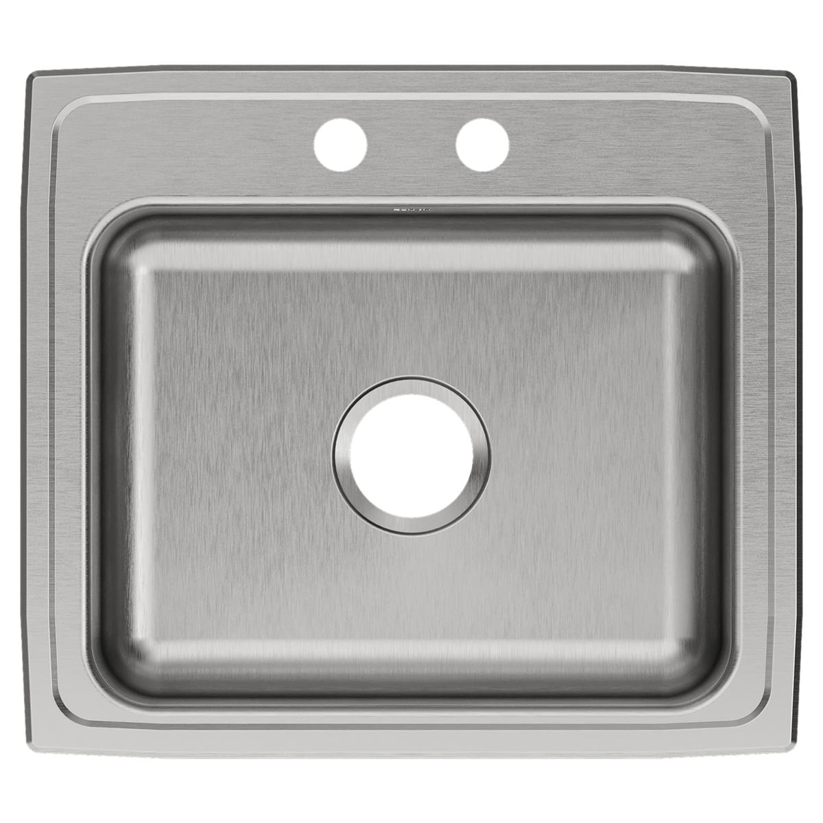 Brushed stainless steel drop-in sink with single bowl and two pre-drilled holes on rim, viewed from above.