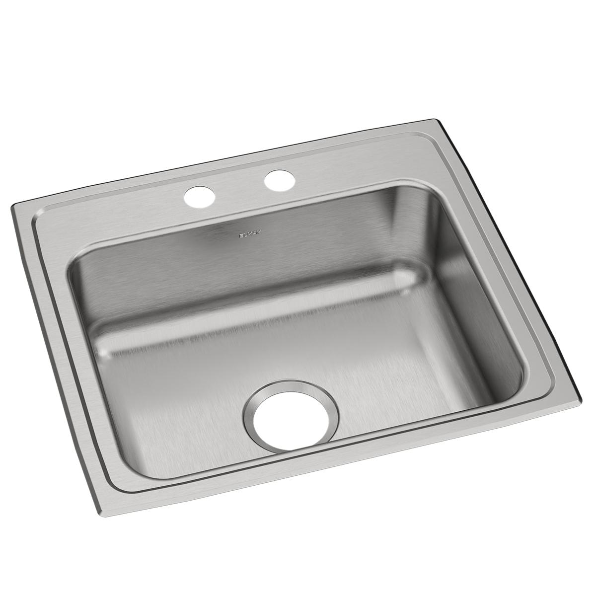 Stainless steel drop-in sink with single bowl and two pre-drilled faucet holes in brushed finish.
