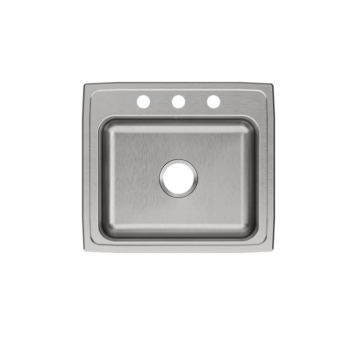Stainless steel drop-in sink with single bowl and three pre-drilled holes for faucet mounting, shown from above.
