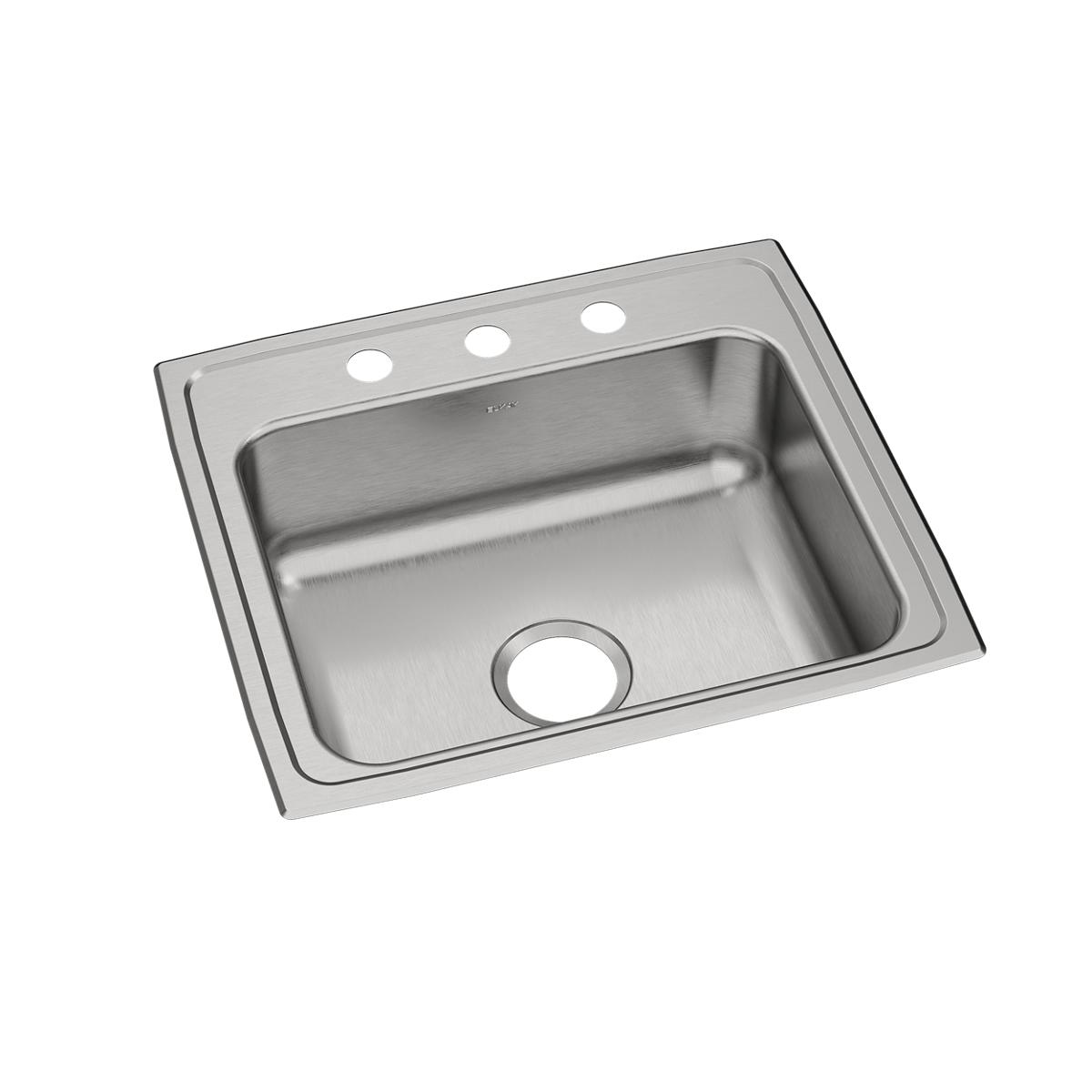 Stainless steel drop-in sink with single bowl and three pre-drilled holes across the rim.