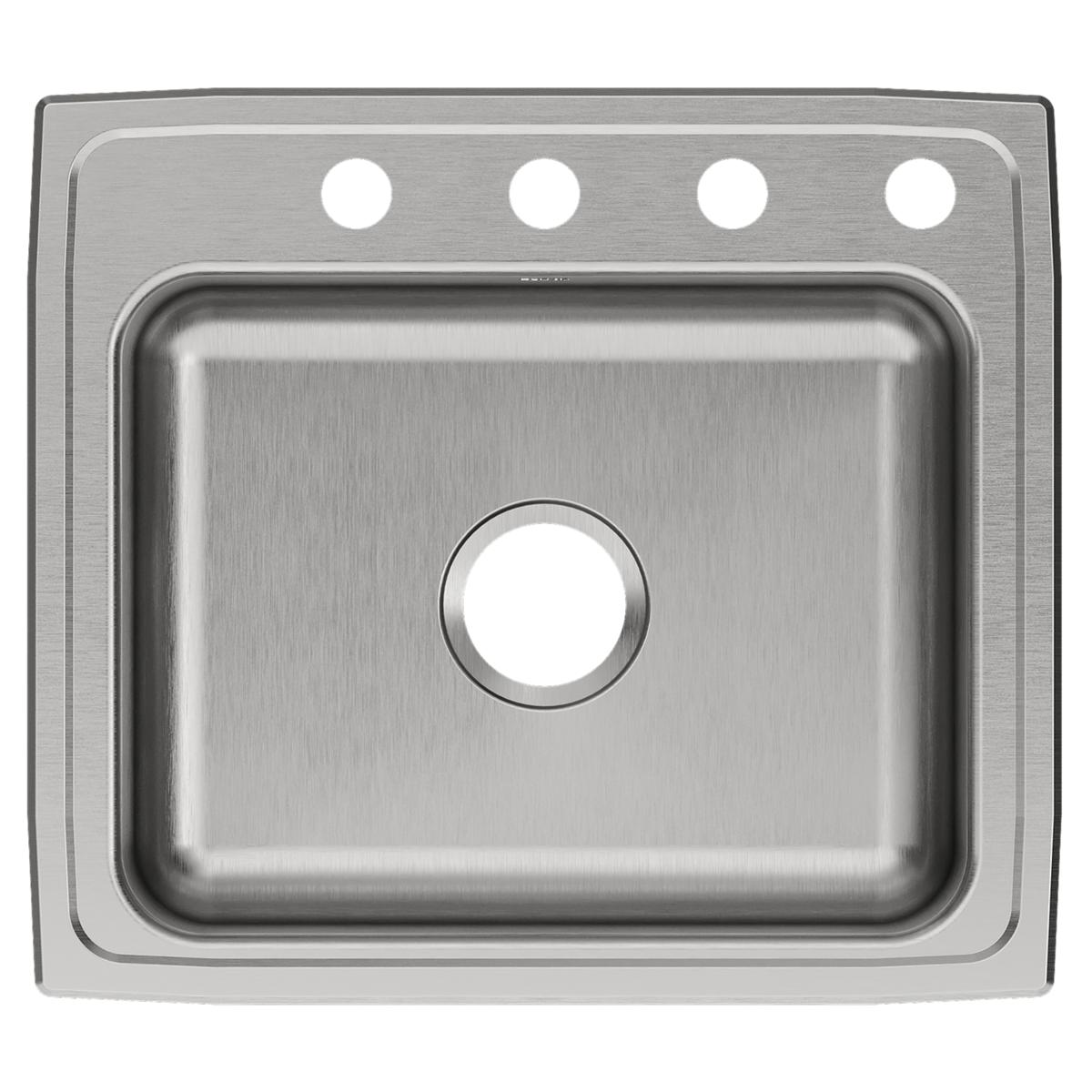 Stainless steel drop-in sink with single rectangular bowl and four mounting holes along top rim.
