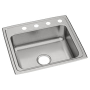 Stainless steel drop-in sink with single bowl and four holes drilled along the rim.
