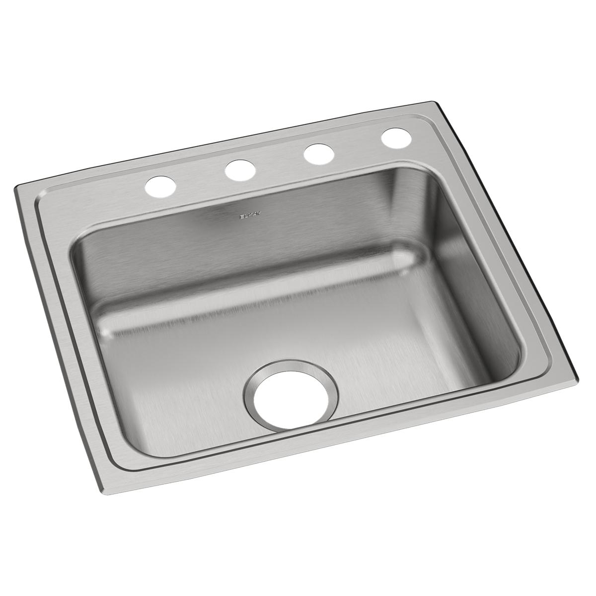 Stainless steel drop-in sink with single bowl and four holes drilled along the rim.