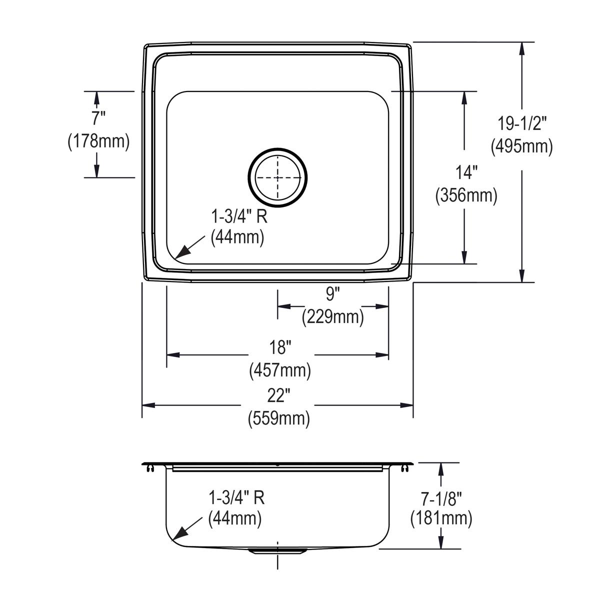 Stainless steel drop-in sink with single bowl, rounded corners, and one faucet hole marked with dimensions and specifications