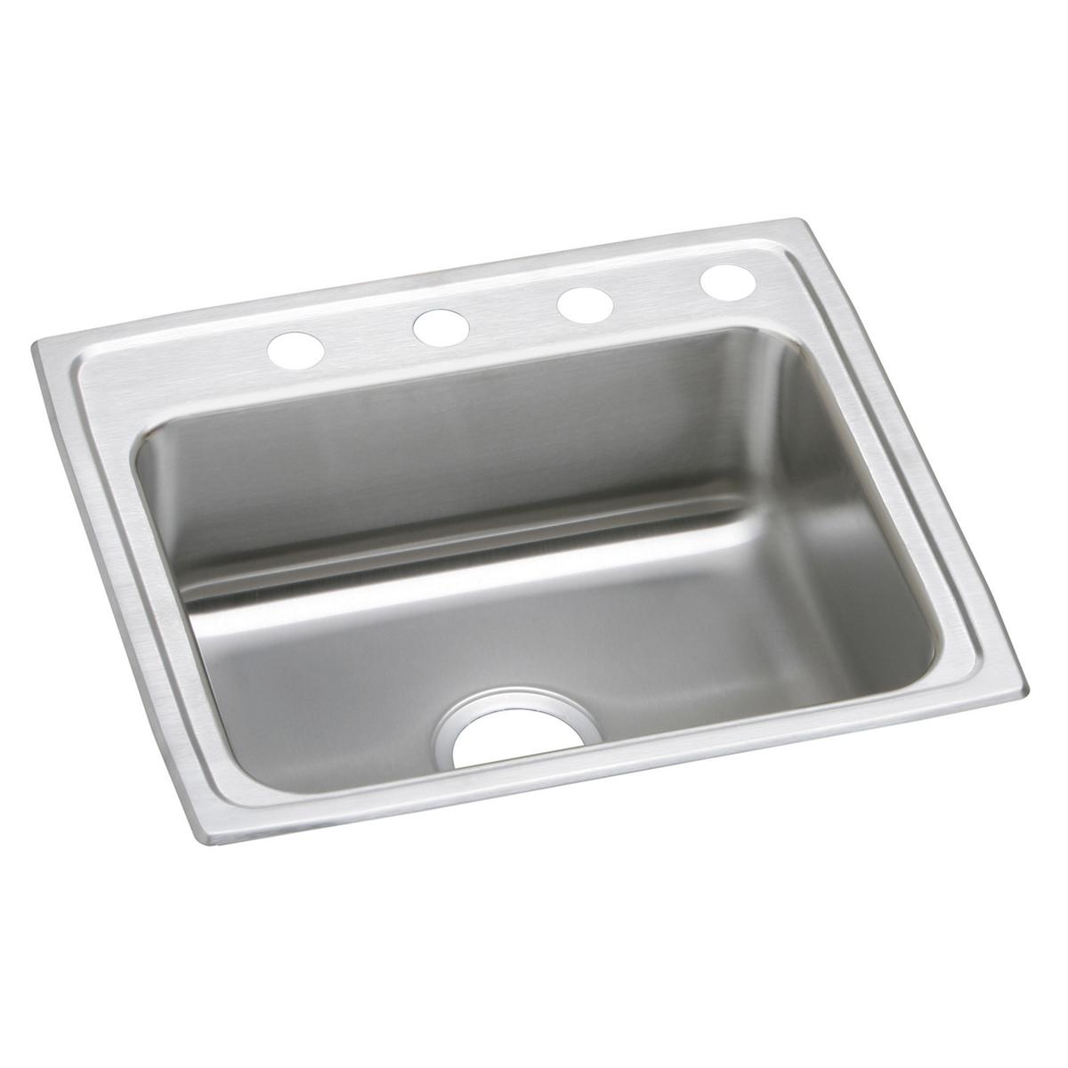 Stainless steel drop-in sink with single bowl, one drain hole, and four faucet holes on the rim.