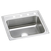 Stainless steel single bowl drop-in sink with drain hole and four pre-drilled faucet holes on the rim.
