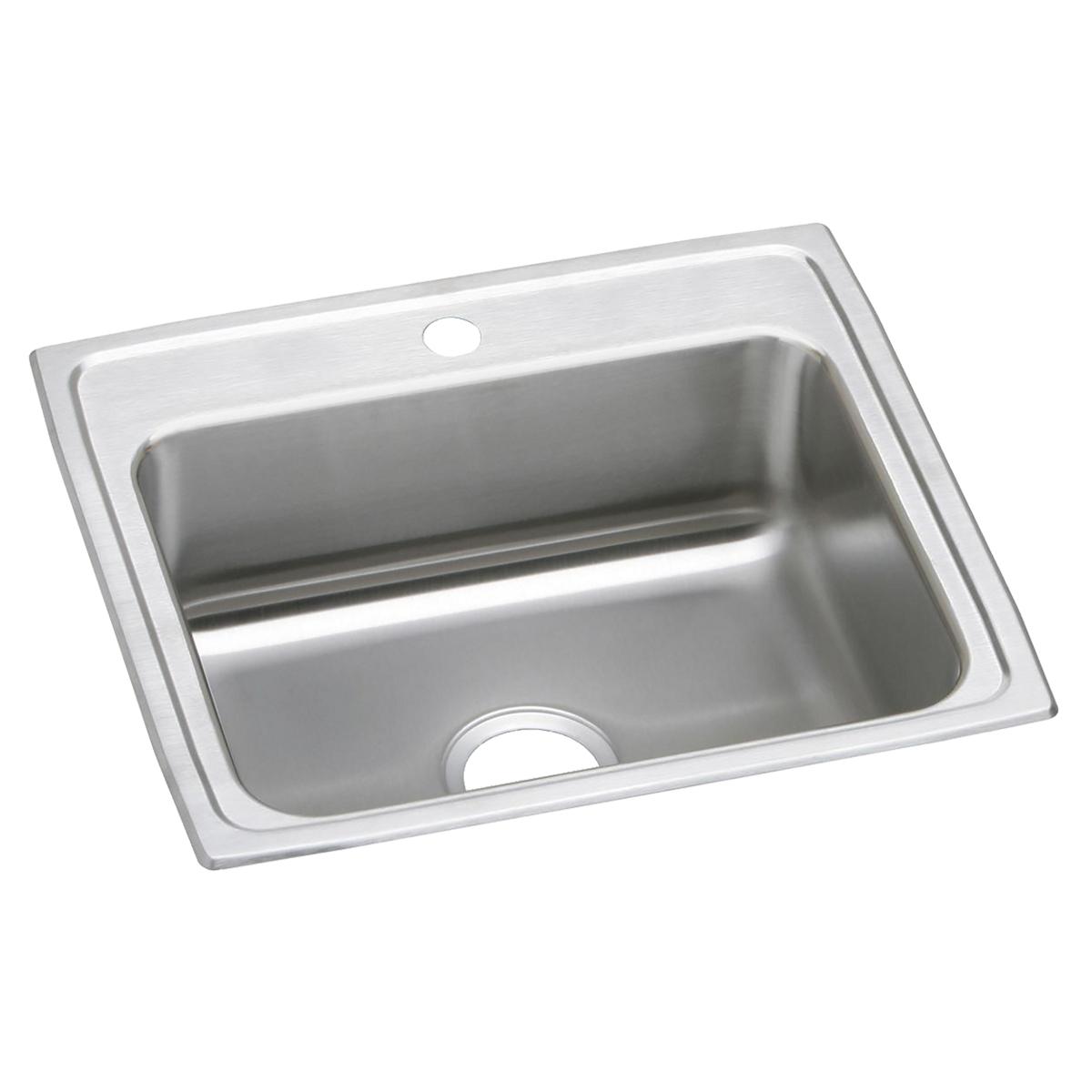 Stainless steel drop-in sink with single bowl, one faucet hole, and raised rim on brushed surface.