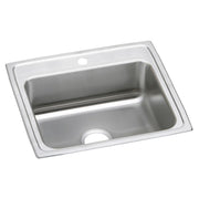 Stainless steel drop-in sink with single bowl, one faucet hole, and raised rim on brushed surface.