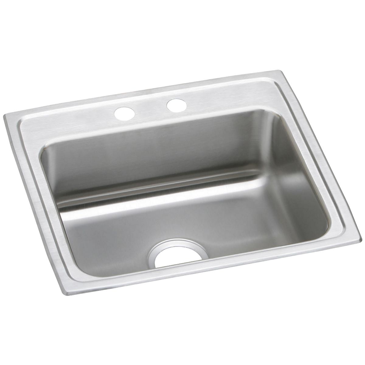 Stainless steel drop-in sink with single bowl, two faucet holes, and drain opening visible from above.