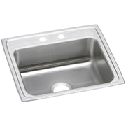 Stainless steel drop-in sink with single bowl, two faucet holes, and drain opening visible from above.