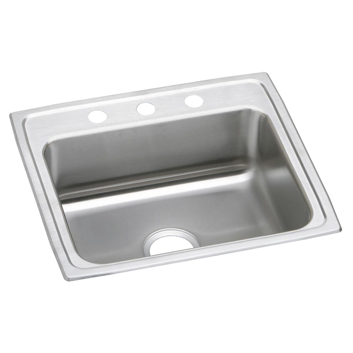 Stainless steel drop-in sink with single bowl, drain hole, and three faucet mounting holes on brushed surface.