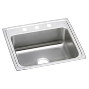Stainless steel drop-in sink with single bowl, drain hole, and three faucet mounting holes on brushed surface.