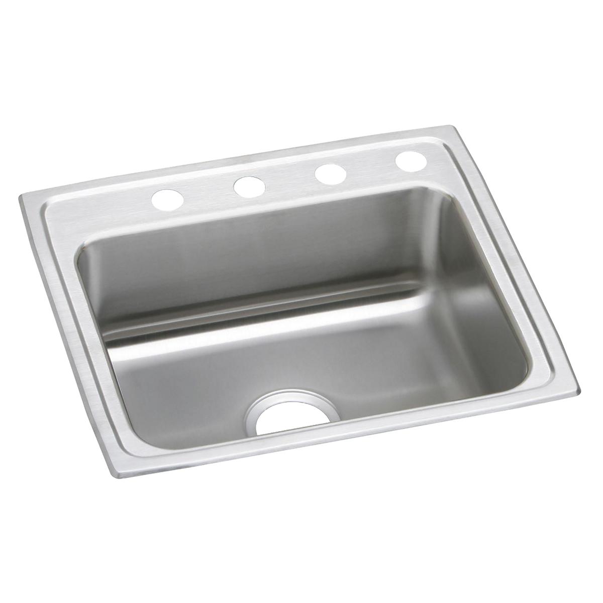 Stainless steel single bowl drop-in sink with four mounting holes along the rim and drain opening in bowl.