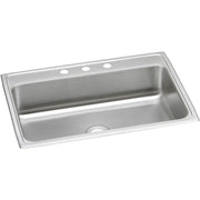 Stainless steel single bowl drop-in sink with three holes along the rim and drain opening visible.