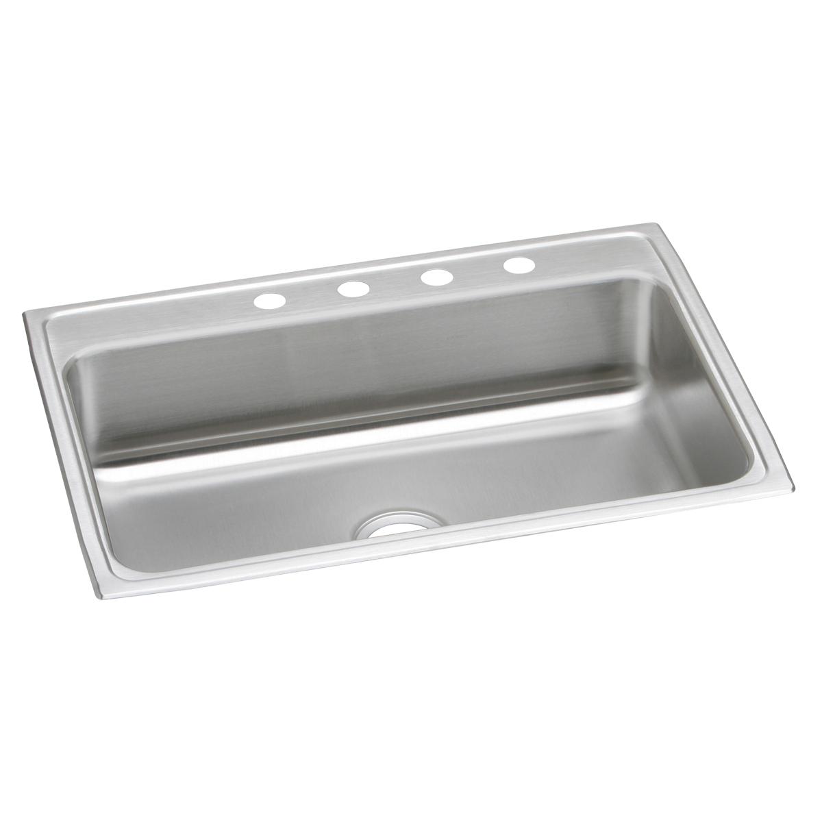 Stainless steel rectangular drop-in sink with single bowl and two pre-drilled holes on the rim.