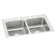 Stainless steel double bowl drop-in sink with white rim and four hole mounting holes across the top.