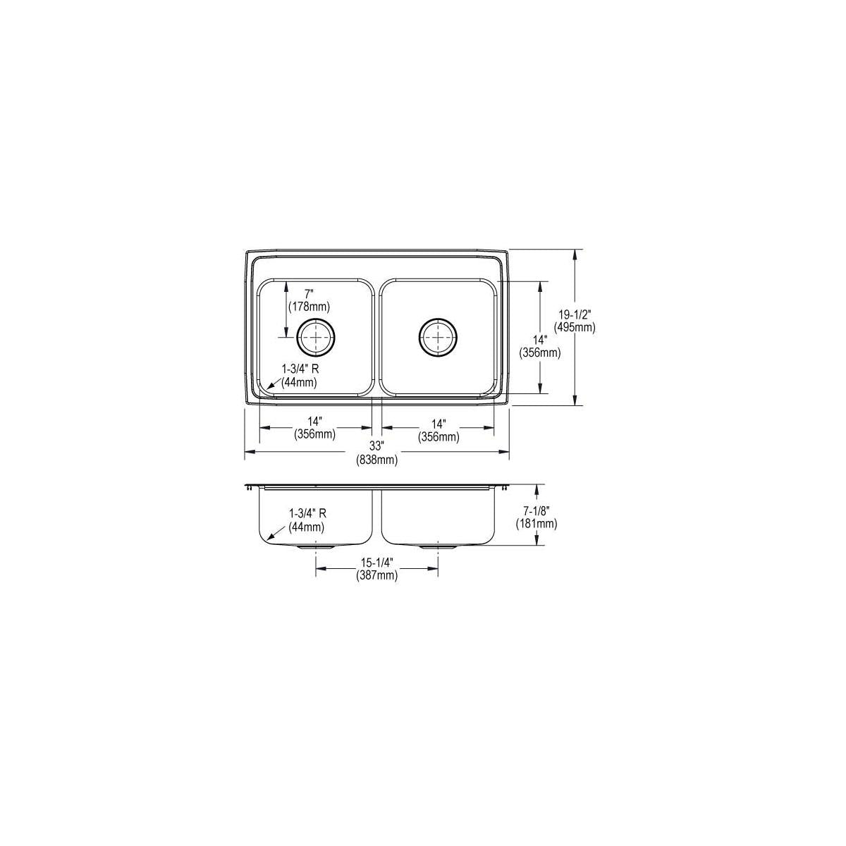 Stainless steel drop-in sink with two equal bowls and dimension specifications shown in top and side views.