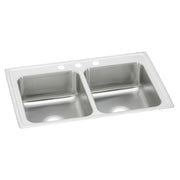 Stainless steel double bowl drop-in sink with white rim and three holes for faucet mounting.
