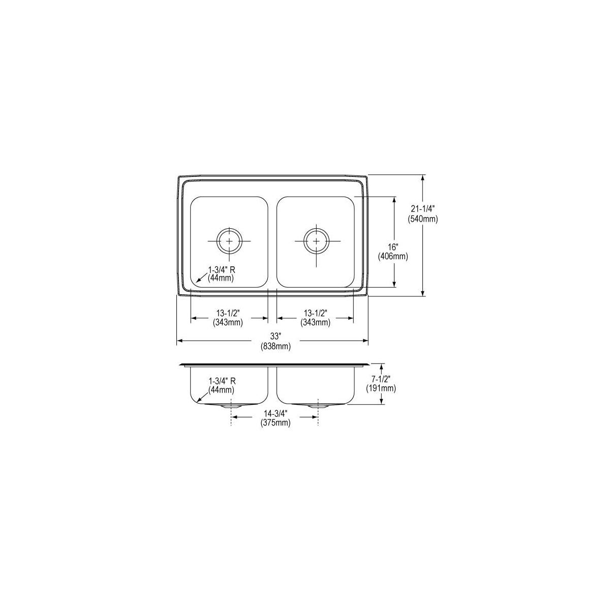 Stainless steel double bowl drop-in sink with equal-sized basins and three pre-drilled holes, shown in top and side technical