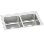 Stainless steel double bowl drop-in sink with white rim and two equal-sized rectangular basins.
