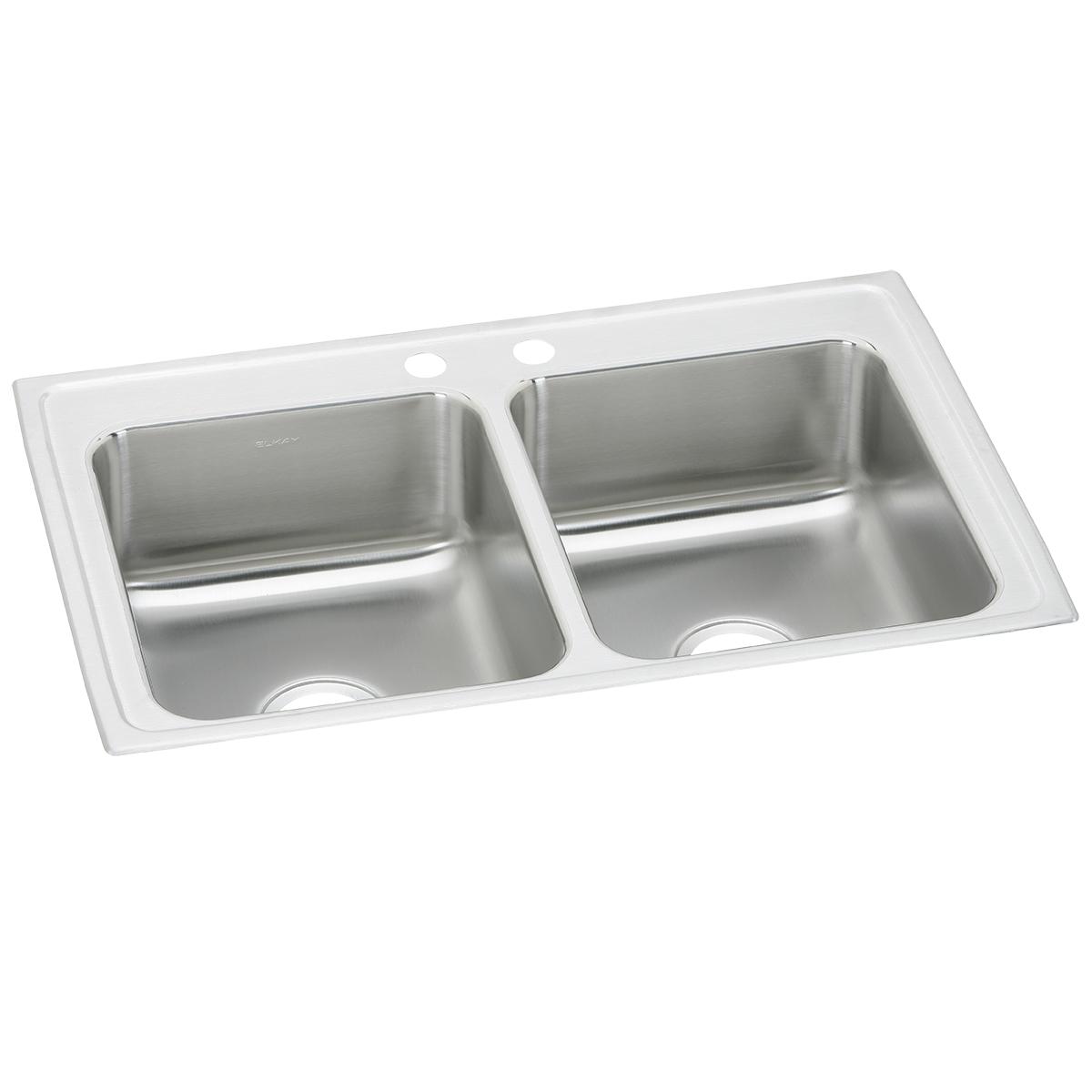 Stainless steel double bowl drop-in sink with white rim and two pre-drilled holes for faucet mounting.