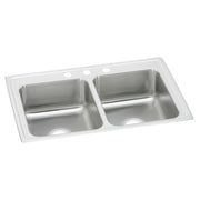 Stainless steel drop-in kitchen sink with two equal bowls and three holes for faucet mounting on white rim.