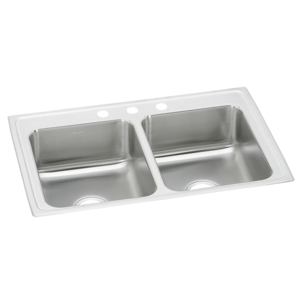 Stainless steel drop-in kitchen sink with two equal bowls and three holes for faucet mounting on white rim.