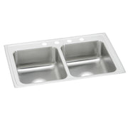 Stainless steel drop-in sink with two equal rectangular bowls and white rim, viewed from above at an angle.