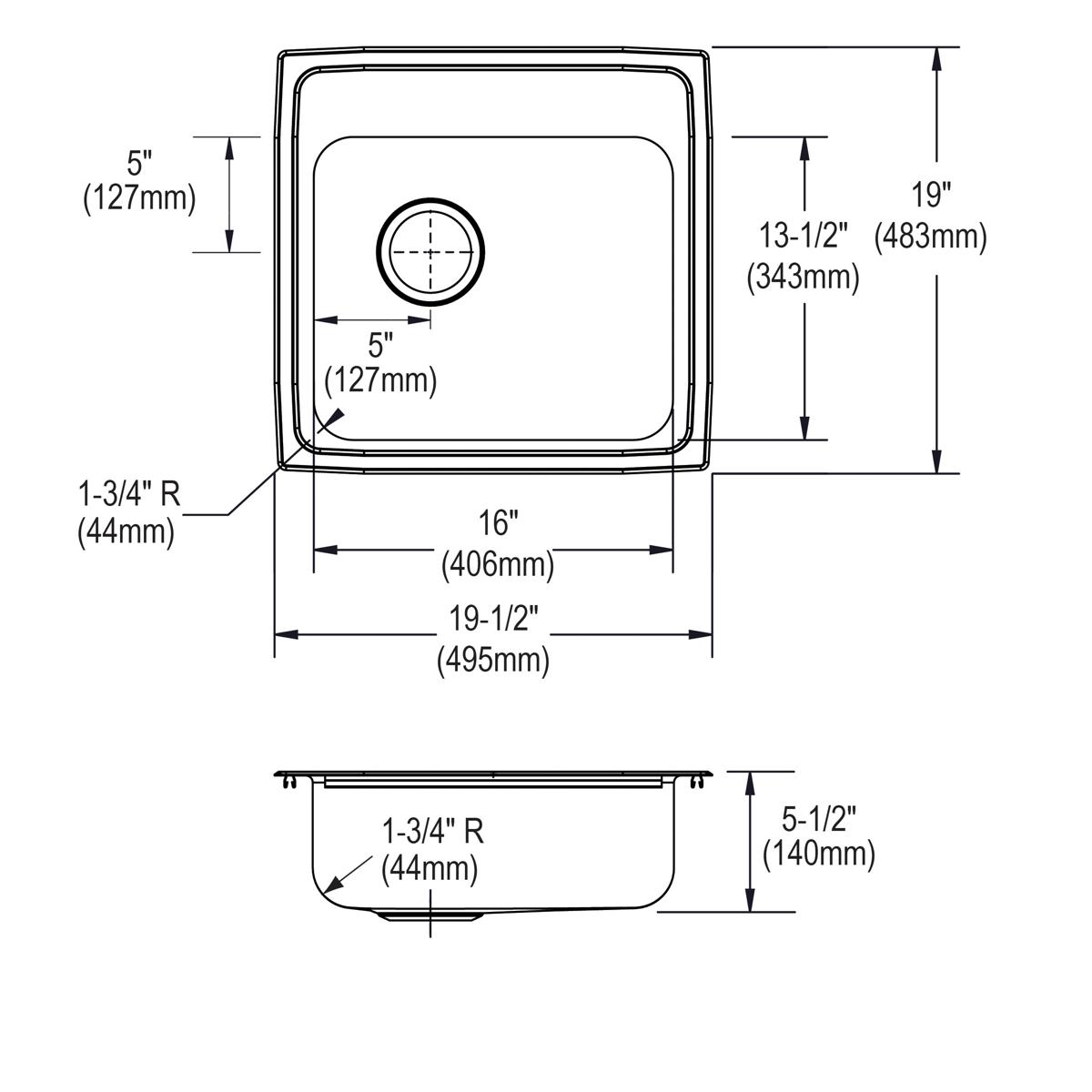 Stainless steel single bowl drop-in sink with rounded corners, one drain hole, and three mounting holes shown in top and side