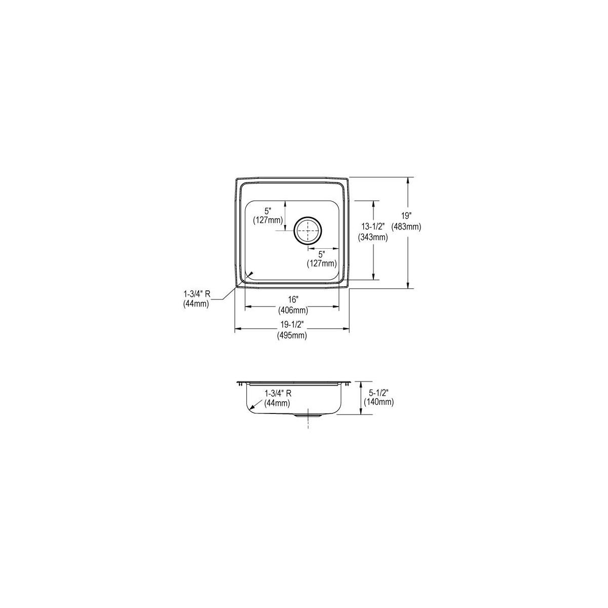 Stainless steel single bowl drop-in sink with two faucet holes and drain opening, shown in top and side view technical drawin