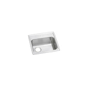 Stainless steel single bowl drop-in sink with left drain opening and polished rim, viewed from above at an angle.