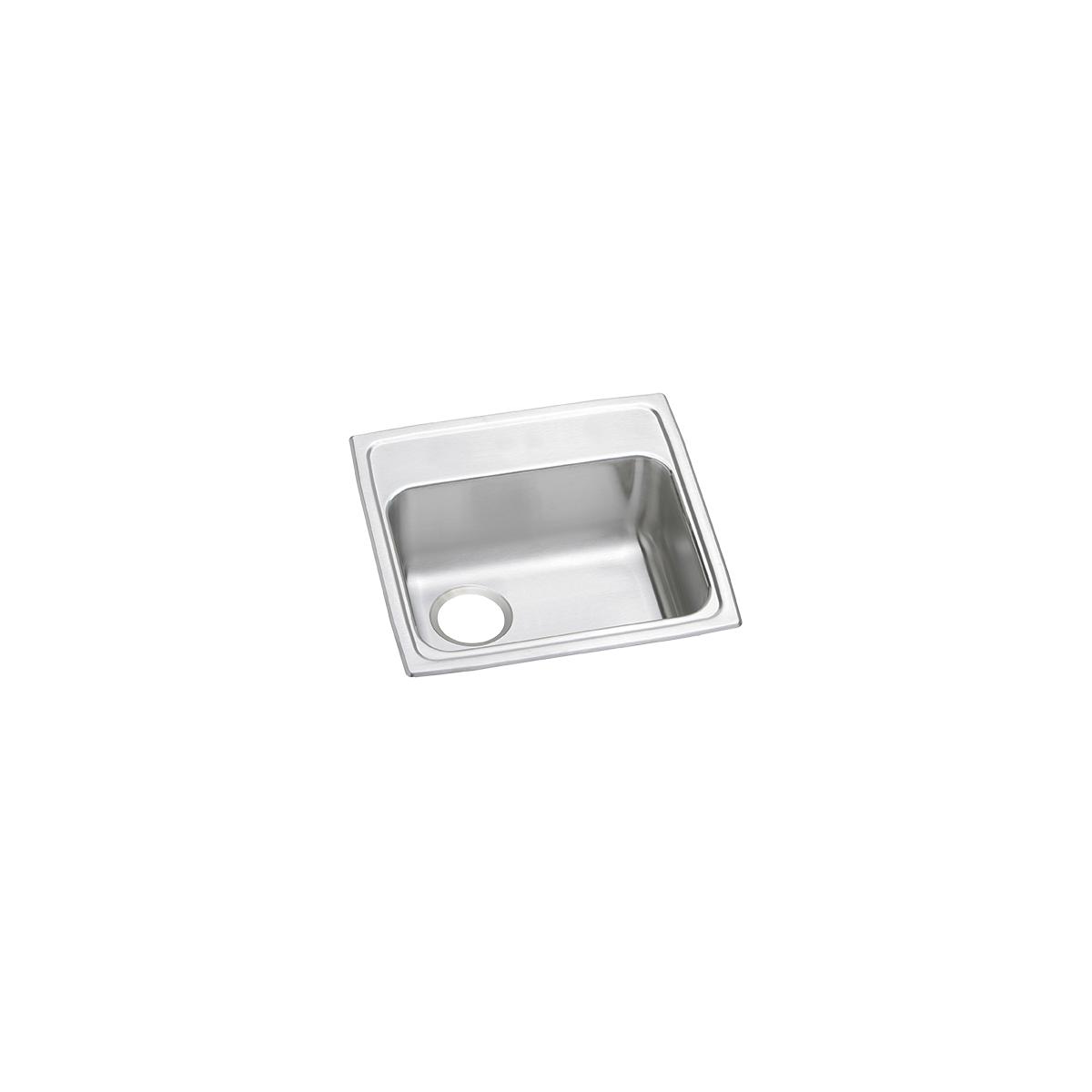 Stainless steel single bowl drop-in sink with left drain opening and polished rim, viewed from above at an angle.