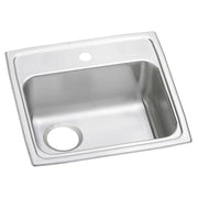 Stainless steel drop-in sink with single bowl, one faucet hole at top, and one drain hole on lower left corner.