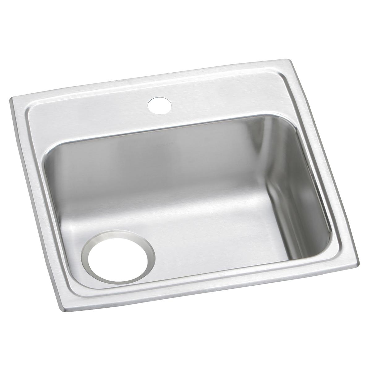 Stainless steel drop-in sink with single bowl, one faucet hole at top, and one drain hole on lower left corner.