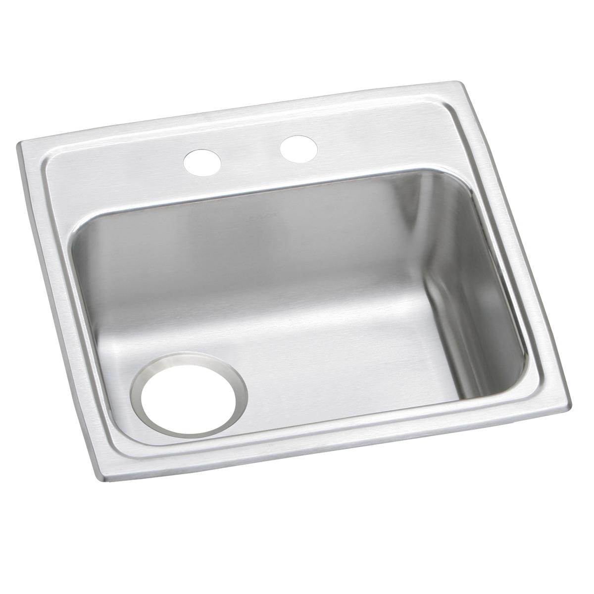 Stainless steel single bowl drop-in sink with two faucet holes and left drain opening on rim.