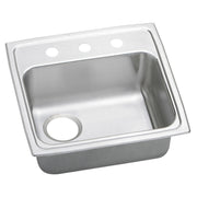 Stainless steel drop-in sink with single bowl, three holes on rim, and drain opening on left side.