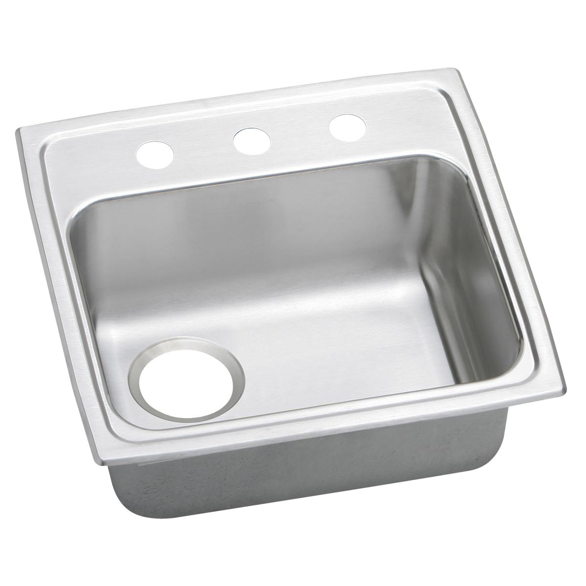 Stainless steel drop-in sink with single bowl, three holes on rim, and drain opening on left side.
