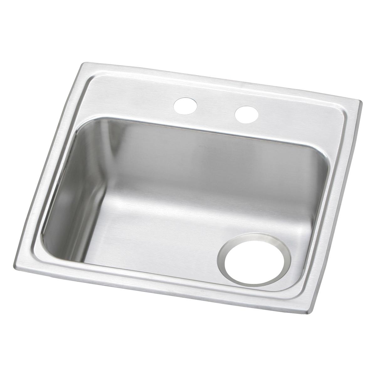 Stainless steel drop-in sink with single bowl, two faucet holes on rim, and drain hole on right side.