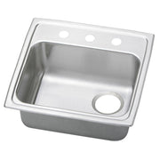 Stainless steel drop-in sink with single bowl, three holes on rim for faucet, and one drain hole on right side.