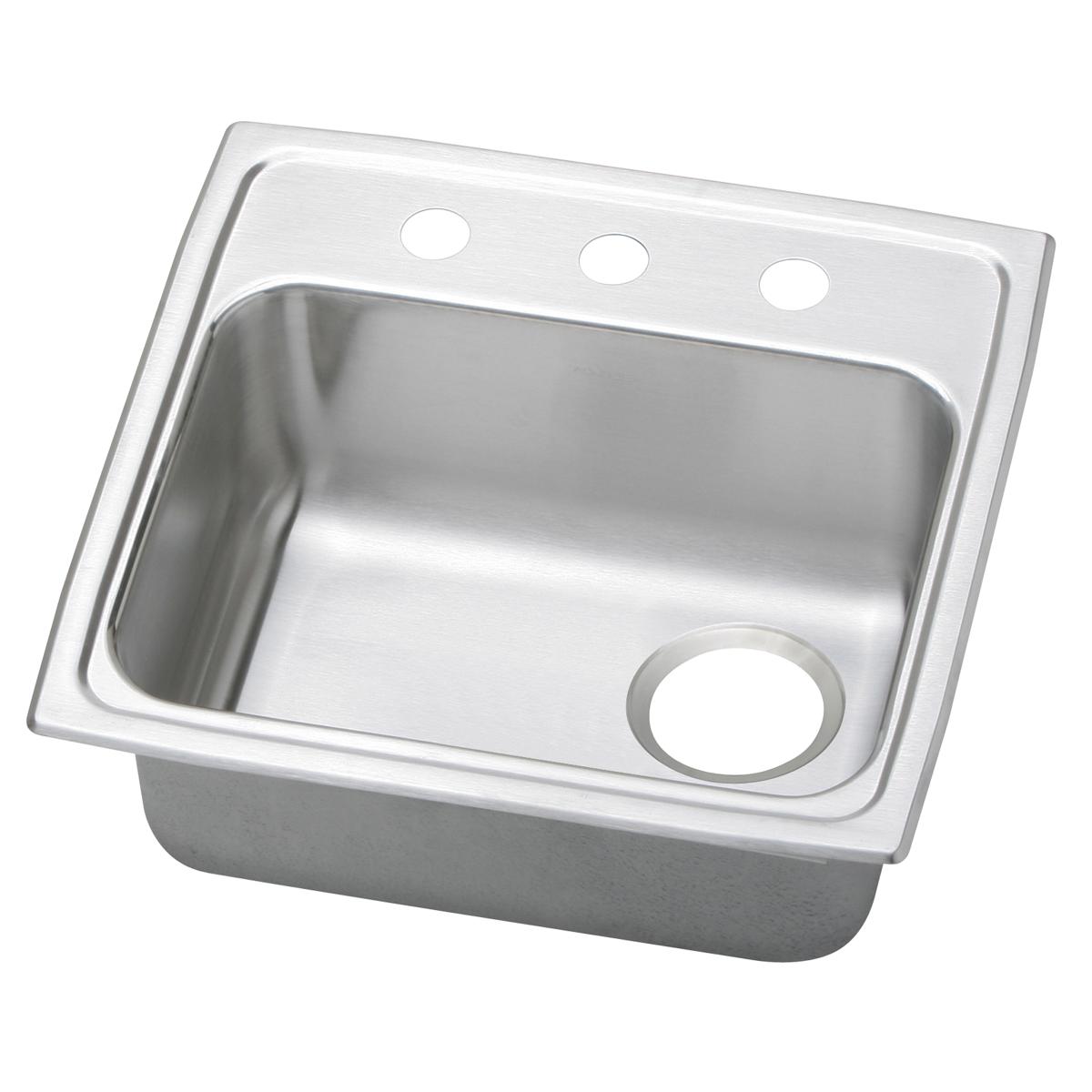 Stainless steel drop-in sink with single bowl, three holes on rim for faucet, and one drain hole on right side.