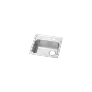 Stainless steel single bowl drop-in sink with two holes on the rim and right-side drain opening.