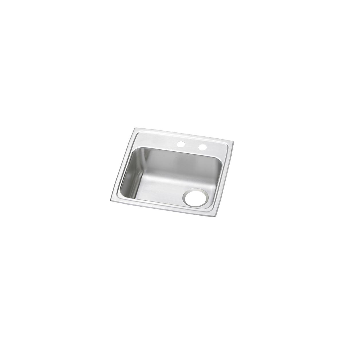 Stainless steel single bowl drop-in sink with two holes on the rim and right-side drain opening.