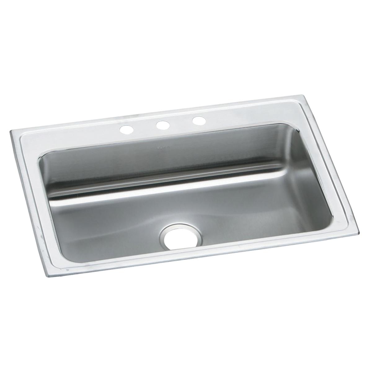 Stainless steel drop-in sink with single bowl, three mounting holes on rim, and drain opening visible.