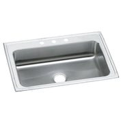 Stainless steel drop-in sink with single bowl, three mounting holes on rim, and drain opening visible.