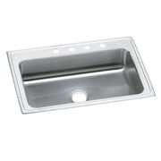 Stainless steel drop-in sink with single bowl, drain, and four holes along white rim for faucet mounting.