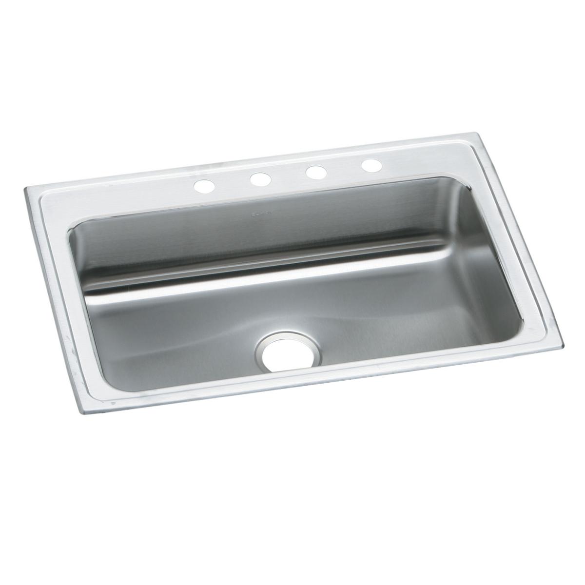 Stainless steel drop-in sink with single bowl, drain opening, and four holes along the rim for faucet mounting.