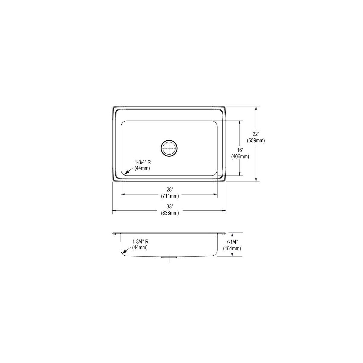 Stainless steel rectangular drop-in sink with single bowl, rounded corners, and three mounting holes shown in top and side te