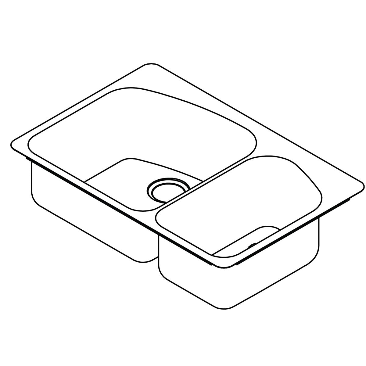 Stainless steel double bowl sink with unequal sized basins and three faucet holes, shown in top-down isometric view.